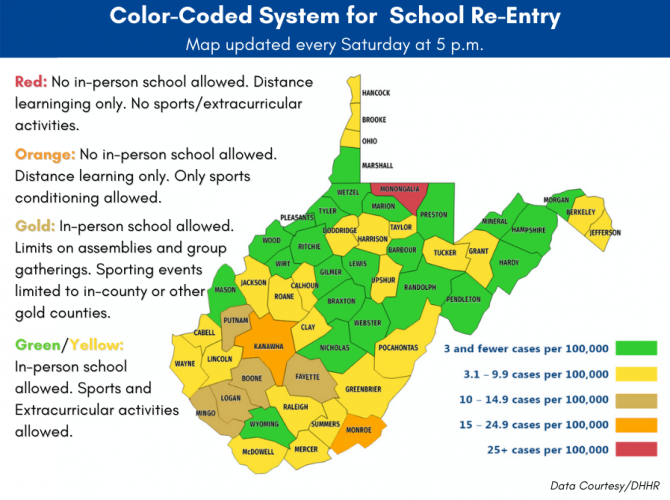 Updated: West Virginia adds gold color to COVID-19 map; metrics on school re-entry change again